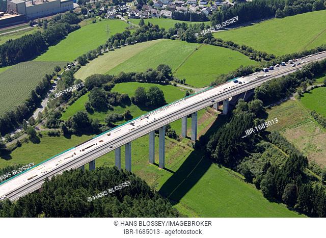Aerial view, renovation of a motorway bridge, Sauerland area, valley, meadows, Meschede, North Rhine-Westphalia, Germany, Europe