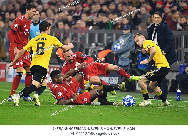 Franck RIBERY (Bayern Munich) and David ALABA (FC Bayern Munich) at ground, action, duels versus Andre SIMOES (Athens) and Vasilis LAMPROPOULOS (Athens)