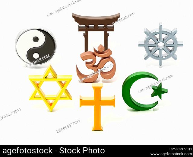 Spiritual and religious symbols isolated on white. 3D illustration