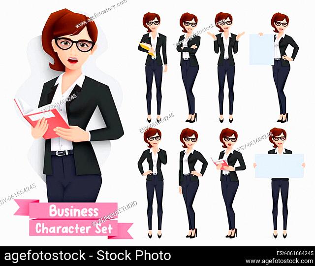 Business woman presentation character vector set. Businesswoman characters in presenting pose and gestures holding whiteboard element for employee presenter...