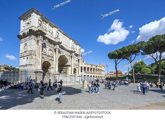Arch of Constantine South side, from Via triumphalis, Colosseum to right, Rome, Lazio, Italy, Europe
