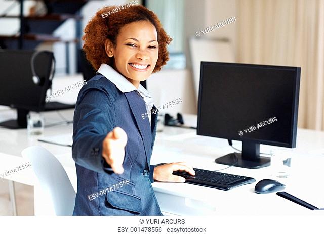 Happy African American business woman giving hand for handshake