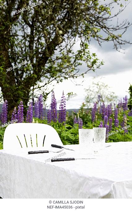 A rain wet table in a garden Sweden