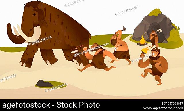 Ancient caveman with prehistoric weapons hunting for mammoth in flat cartoon style - vector illustration of tribe of primitive male characters dressing in...