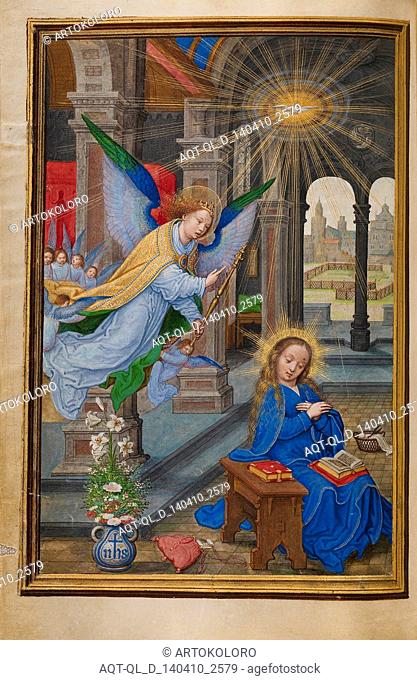 The Annunciation; Simon Bening, Flemish, about 1483 - 1561; Bruges, Belgium, Europe; about 1525 - 1530; Tempera colors, gold paint