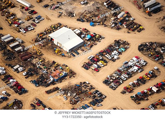 Aerial view of junk yard in Lake County, Michigan, USA