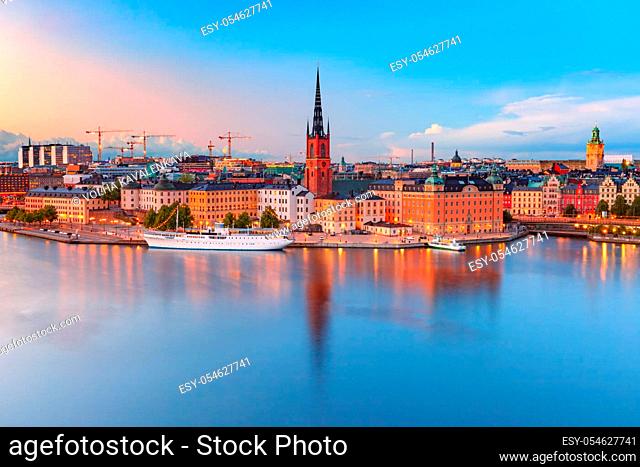 Scenic aerial view of Riddarholmen, Gamla Stan, in the Old Town in Stockholm at sunset, capital of Sweden