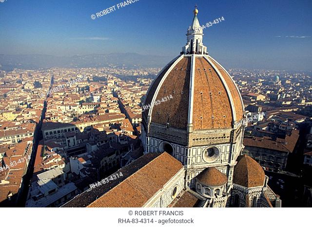 View from the Campanile of the Duomo cathedral of Santa Maria del Fiore, Florence, Tuscany, Italy, Europe