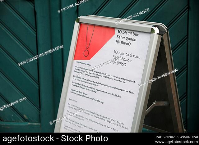 02 September 2023, North Rhine-Westphalia, Dortmund: A sign with the inscription ""Safer Space for BIPoC"" stands in front of the door to the exhibition project...