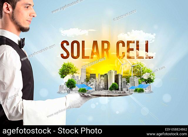 Waiter serving eco city with SOLAR CELL inscription, renewabke energy concept