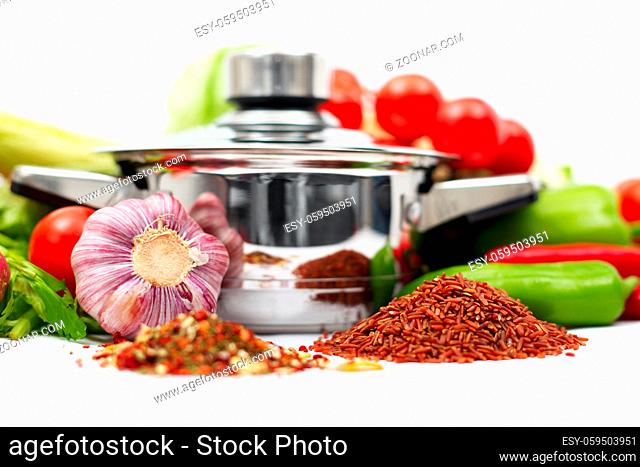 Fresh vegetables and cooking pot studio isolated on white background go vegetarian concept