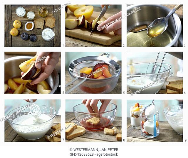 How to prepare a quark and rusk layered dessert with cinnamon plums