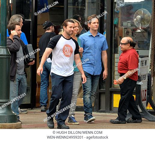 The cast of 'It's Always Sunny in Philadelphia' films scenes on Market Street Featuring: Charlie Day, Danny DeVito, Rob McElhenney, Glenn Howerton