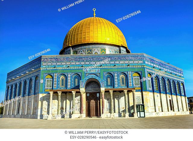 Dome of the Rock Islamic Mosque Temple Mount Jerusalem Israel. Built in 691 One of most sacred spots in Islam where Prophet Mohamed ascended to heaven on an...