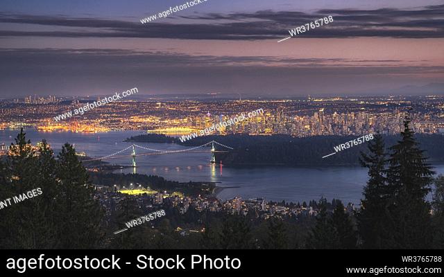Vancouver city lit up at dawn