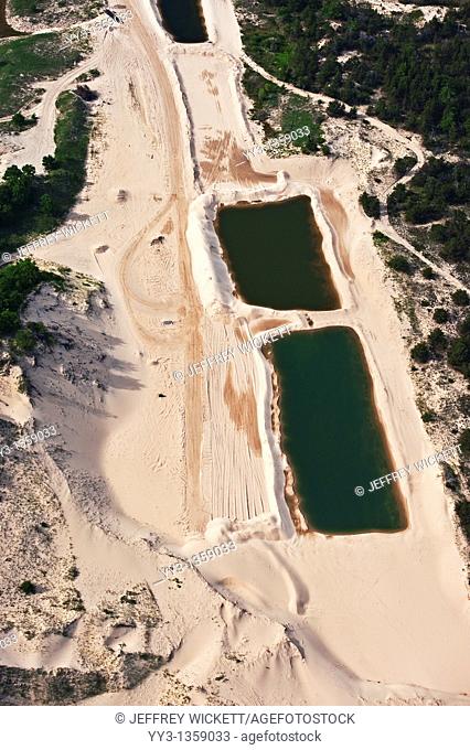 Aerial view of sand mine near Ludington State Park and Lake Michigan, Michigan, USA