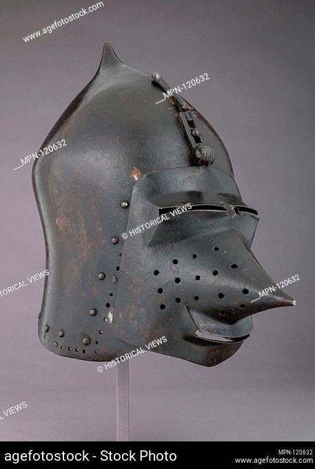 Helmet (Basinet) with Detachable Visor. Date: ca. 1420-30; Culture: probably German; Medium: Steel, leather; Dimensions: H. 13 in. (33 cm); W. 8 in