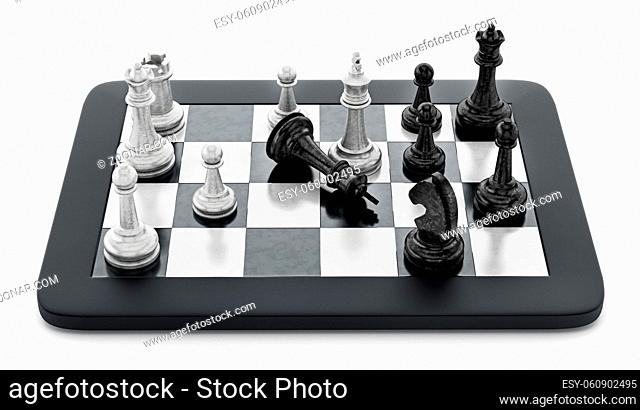 Black and white chess pieces standing on tablet computer. 3D illustration