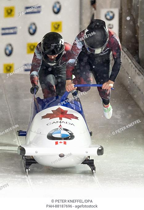 The Canadian bobsleigh team with Christine de Bruin (front) and Genevieve Thibault in action during the 1st two-women run of the FIBT World Championship 2017 in...