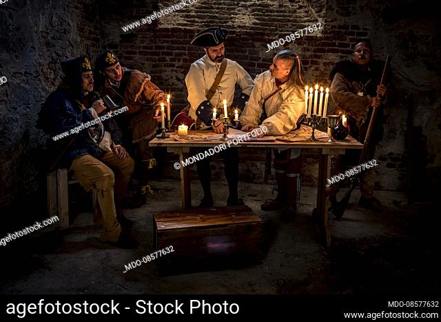 French and Indian Wars. Hypothetical reenactment of civil and military life. Beauport, Quebec, Nouvelle France. Soldiers of the Compagnie Franche de Marine...