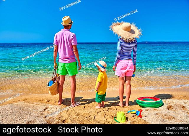 Family on beach wearing straw sun hat. Young couple with three year old boy, inflatable ring, beach bag and toys. Clear sky. Summer family vacation