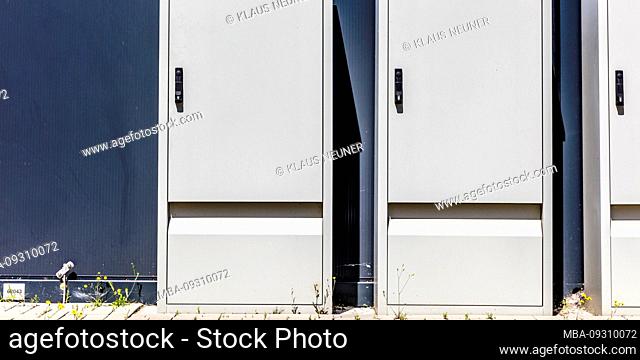 Electricity boxes, distributor, minimal, architecture, facade, Okeraue, Stadtbad, Wolfenbüttel, Lower Saxony, Germany, Europe