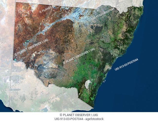Satellite view of New South Wales, Australia (with administrative boundaries and mask). This image was compiled from data acquired by Landsat 8 satellite in...