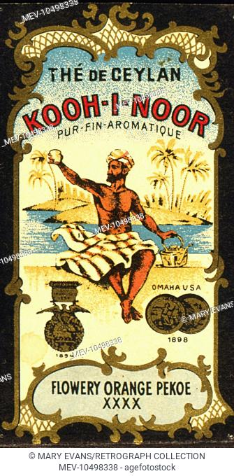 Advertisement for Kooh-I-Noor Tea from Ceylon (Sri Lanka), Flowery Orange Pekoe XXXX, showing a man in a turban with a cup of tea