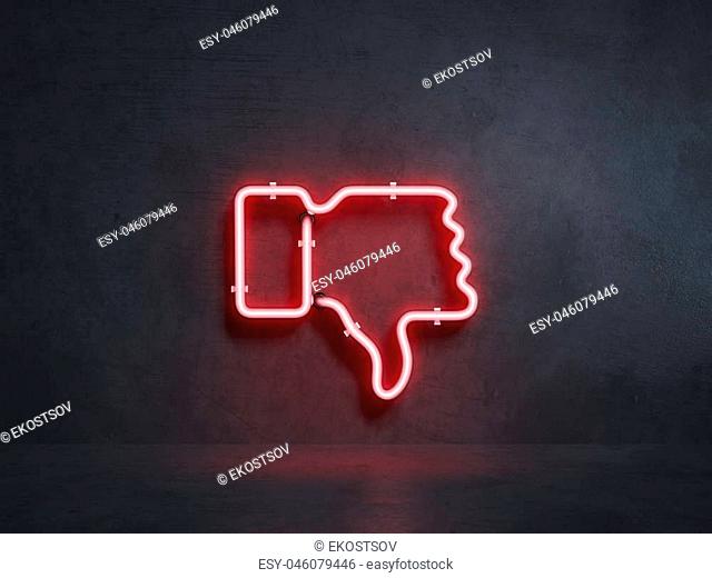 Red electrical thumb down symbol on black wall, 3d rendering