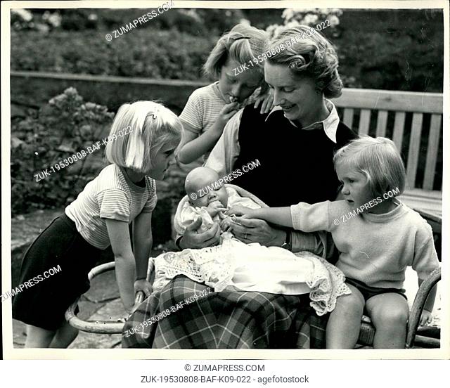 Aug. 08, 1953 - Son for the Duke of Northumberland: Three blonde - haired young ladies gather round to make a fuss of their new brother