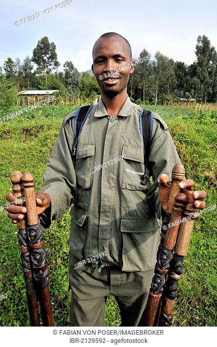 Park guide with walking sticks, in which gorillas were carved into, at the entrance to the Volcanoes National Park, Parc National des Volcans, Rwanda, Africa