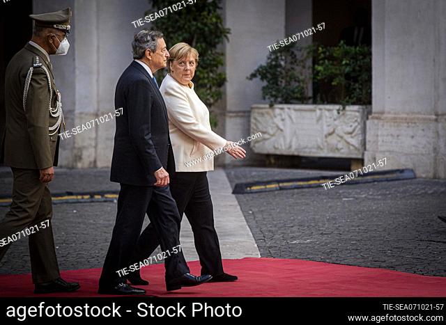 German Chancellor Angela Merkel, Italian Prime Minister Mario Draghi (L) during the meeting in Chigi Palace , Rome, ITALY-07-10-2021