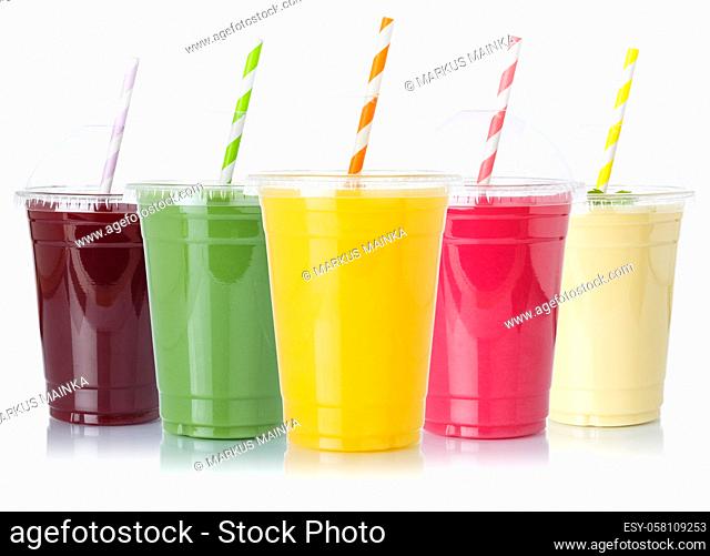Collection of fruit juice smoothies fruits orange juices straw drinks in cups isolated on a white background