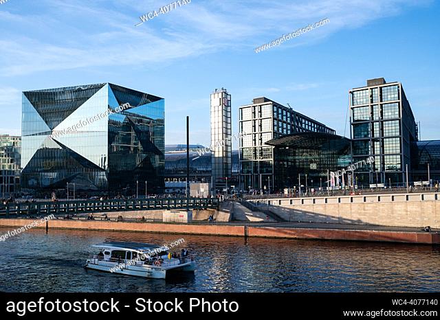 Berlin, Germany, Europe - View of the Berlin Central railway station and the futuristic 3XN Cube Berlin building at Washingtonplatz square