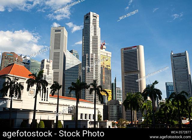 Singapore, Republic of Singapore, Asia - Cityscape with the skyscrapers at the central business district around Raffles Place and the Parliament House in the...