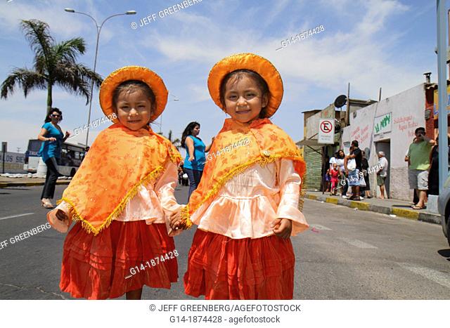 Chile, Arica, Avenida Pedro Montt, 'Carnaval Andino', Andean Carnival, parade, rehearsal, indigenous, Aymara heritage, folklore, celebration, traditional dance