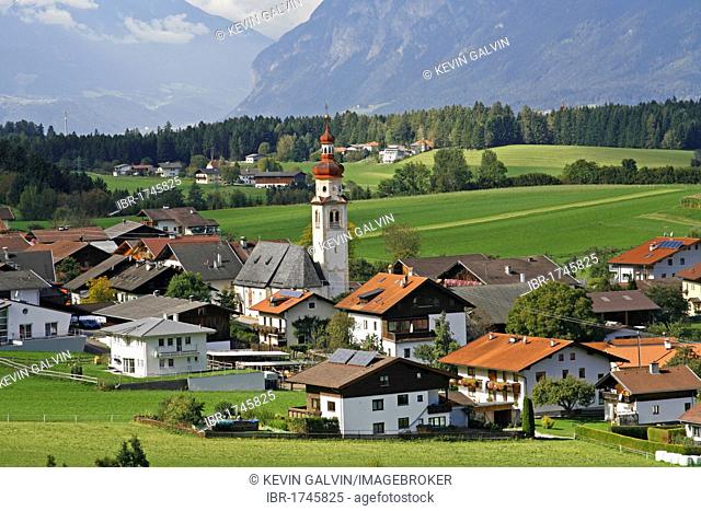 Small town of Tulfes, church, mountains, pastoral landscape, Tyrol, Austria, Europe