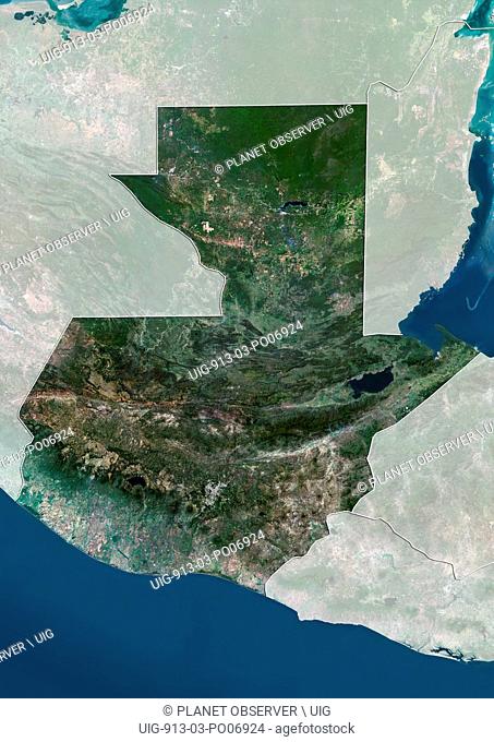Satellite view of Guatemala (with country boundaries and mask). This image was compiled from data acquired by Landsat satellites
