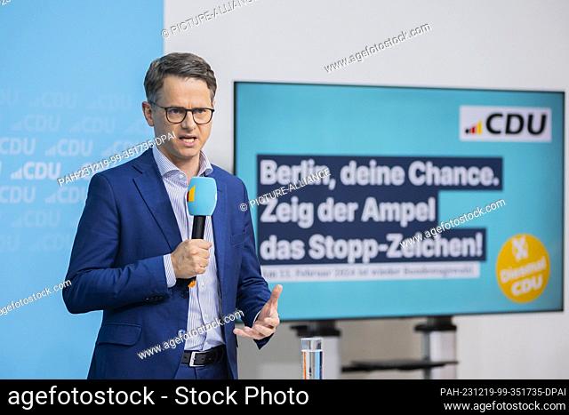 19 December 2023, Berlin: Carsten Linnemann, CDU Secretary General, speaks at a press conference at the CDU federal office in the Konrad Adenauer House on the...