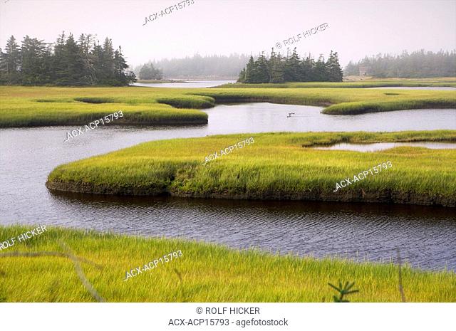 Scenic water channels along a river in Clark's Harbour, Cape Sable Island, Lighthouse Route, Highway 330, Nova Scotia, Canada