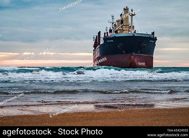 RUSSIA, KRASNODAR REGION - DECEMBER 2, 2023: A view of the Blue Shark dry cargo ship after it ran aground at the Black Sea resort of Anapa