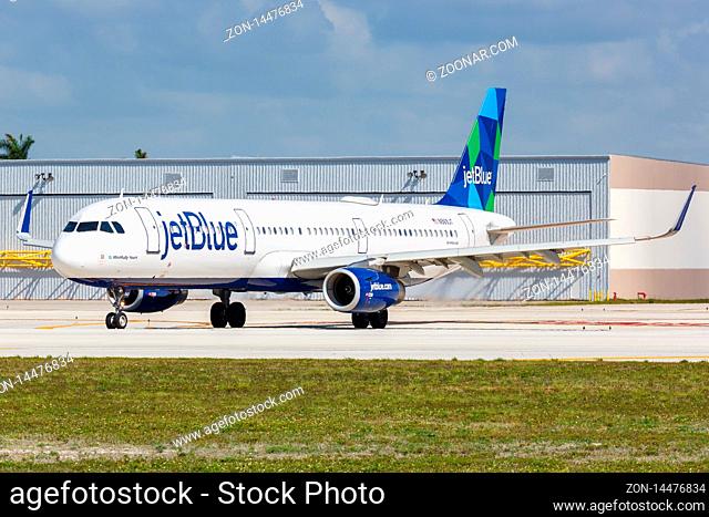 Fort Lauderdale, Florida ? April 6, 2019: JetBlue Airbus A321 airplane at Fort Lauderdale airport (FLL) in Florida
