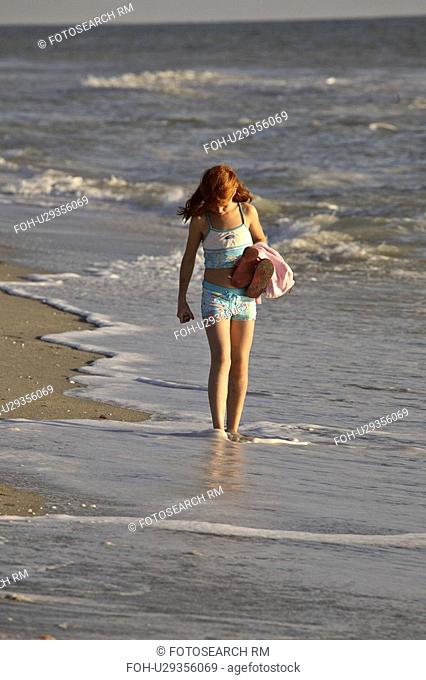 beach, girl, surf, through, walking, young