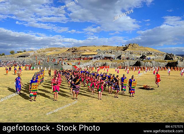 Inti Raymi, festival of the sun, dance group in front of the sanctuary, ruins of the Inca Sacsayhuamán, Cusco, Peru, South America