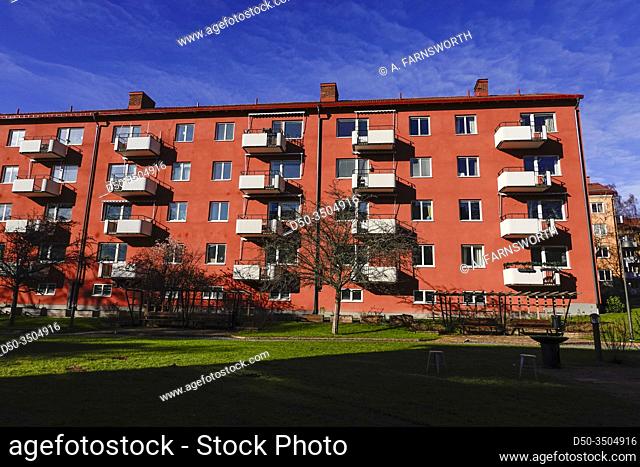 Stockholm, Sweden An old ""funkis"" style red apartment block in Aspudden on Vapengatan