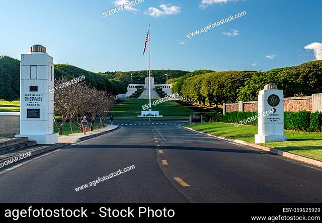 Entrance to the National Memorial Cemetery of the Pacific in punchbowl crater on Oahu, Hawaii