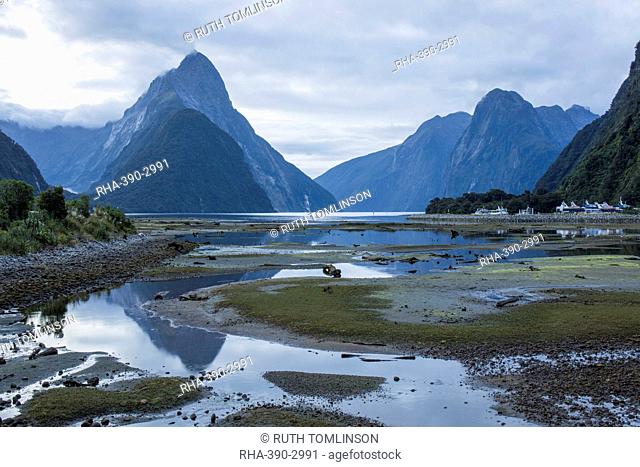 View of Milford Sound at low tide, Mitre Peak reflected in pool, Milford Sound, Fiordland National Park, UNESCO World Heritage Site, Southland, South Island