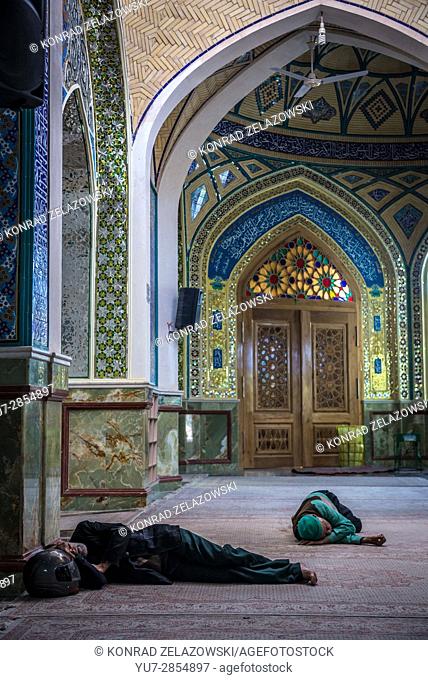 Iranian men sleeps in holy shrine of Imamzadeh Helal Ali (Hilal ibn Ali) in Aran va Bidgol, Isfahan Province in Iran