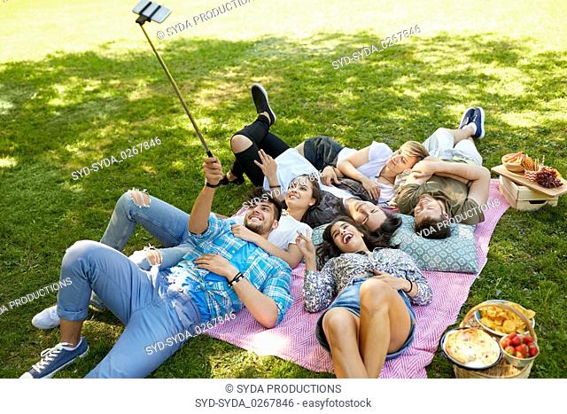 friends taking picture by selfie stick at picnic