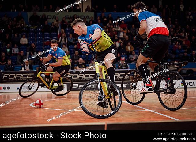 Cycleball Worldcup 2023 Final, Radek Adam (left back), Tomas Horak (middle) of TJ Sokol Zlin 1 fight for fifth place with VC Dorlisheim (France), in Zlin